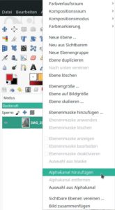 Abbildung 2: Um nach dem Entfernen einer Auswahl eine transparente Fl&auml;che zu erhalten, f&uuml;gen Sie dem Bild im Ebenenstapel &uuml;ber das Kontextmen&uuml; einen Alphakanal hinzu.
