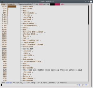 Abbildung 5: Der sogenannte <span class="ui-element">whale spotting mode</span>, zu erreichen &uuml;ber <code>br -w</code>, zeigt, &auml;hnlich wie Ncdu, die dicken Brocken nach Gr&ouml;&szlig;e sortiert auch visuell an.