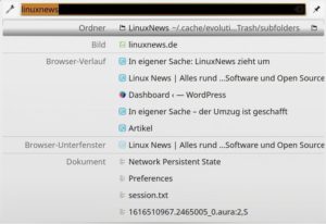 Abbildung 7: Bei aktiviertem <span class="ui-element">Browser-Verlauf</span> findet KRunner bei einer Suche auch k&uuml;rzlich besuchte Webseiten. Dazu muss das Paket <span class="ui-element">plasma-integration</span> eingerichtet sein.