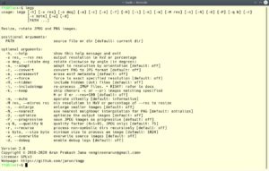 Abbildung 1: Die Hilfeseite erhalten Sie durch Eingabe von <code>imgp</code> ohne weitere Parameter. Die Auswahl zur Manipulation der Bilder umfasst alle gängigen Funktionen.