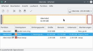 Abbildung 1: Systemdateien und Home-Verzechnisse liegen bei OpenSuse-Standardinstallationen zusammen in einer gemeinsamen Festplattenpartition, hier <span class="ui-element">vda2</span>. Zwar sind die Daten im laufenden System als Subvolumes des BtrFS-Dateisystems getrennt, doch Low-Level-Tools erkennen dies nicht.