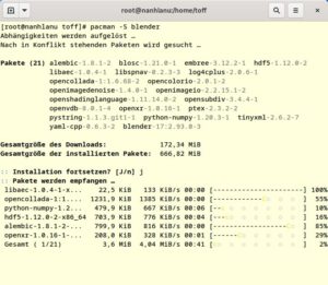 Abbildung 1: Pacman lädt in der Version 6.0 in einem Zug gleich mehrere Pakete gleichzeitig aus den Repositories.