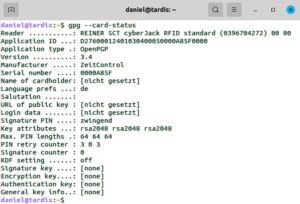 Abbildung 3: Das <code>[none]</code> in den letzten vier Zeilen der Ausgabe von <code>gpg --card-status</code> zeigt, dass die Karte bislang noch keine Schl&uuml;ssel enth&auml;lt.