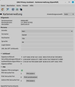 Abbildung 4: Der <span class="ui-element">GNU Privacy Assistant</span> erkennt Ihren Nitrokey als OpenPGP-Karte. Daher stehen Ihnen mit dem Nitrokey dieselben Funktionen zur Verfügung wie mit einer OpenPGP-Smartcard.