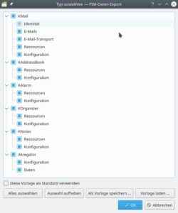 Abbildung 5: Die leistungsf&auml;hige, wenngleich manchmal etwas sperrige KDE-Groupeware Kontact exportiert Ihre Einstellungen in eine Tar-Datei und erlaubt dabei eine detaillierte Auswahl der zu exportierenden Elemente.