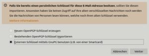 Abbildung 6: M&ouml;chten Sie die OpenPGP-Smartcard unter Thunderbird nutzen, gilt es zun&auml;chst, die Verwendung Ihres auf der Karte gespeicherten privaten Schl&uuml;ssels einzurichten.