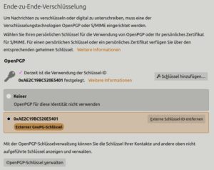 Abbildung 7: Thunderbird verwaltet ab Version&nbsp;78 die Schl&uuml;ssel selbst. Daher verf&uuml;gt das Mail-Programm nicht mehr &uuml;ber ein GUI f&uuml;r den Einsatz der OpenPGP-Smartcard.