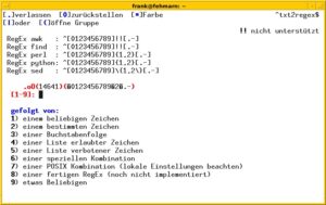 Abbildung 7: Hier erzeugt Txt2regex die passenden Muster für Awk, Find, Perl, Python und Sed. Es handelt sich um einen Zwischenschritt bei der Abfrage nach dem gewünschten String.