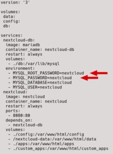 Abbildung 1: In die vorgefertigte Compose-Datei tragen Sie lediglich noch zwei Passw&ouml;rter ein (hier der Einfachheit halber zwei Mal <code>nextcloud</code>). Der Container-Name muss unver&auml;ndert bleiben.