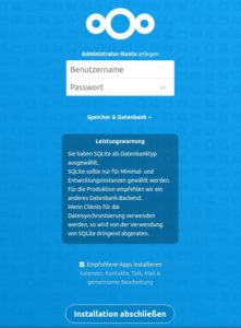 Abbildung 3: Wenn SQLite als Datenbank ausreicht, m&uuml;ssen Sie nur noch ein Administratorkonto mit Passwort anlegen, um die Einrichtung der Nextcloud zu starten.