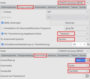 Abbildung 9: Trotz der &uuml;berfrachteten GUI brauchen Sie in Gscan2pdf lediglich eine Handvoll Einstellungen, um archivtaugliche PDFs mit eingebettetem, maschinell erkanntem Text zu erzeugen.