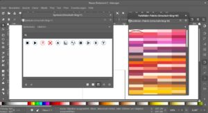 Abbildung 1: Inkscape mit dem Symboldialog und den entsprechenden Symbolen f&uuml;r die Anweisungen an Stickmaschinen. Rechts sehen Sie die Farbfeldpaletten mit einer der 69&nbsp;vorhandenen Paletten f&uuml;r Garne verschiedener Hersteller.