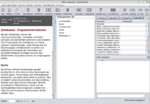 Abbildung 1: Das Hauptfenster des digitalen Zettelkastens zeigt neben den Notizen auch Schlagw&ouml;rter, Verweise, Literaturangaben und Anh&auml;nge.