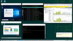 Abbildung 1: Bei den fünf großen Fenstern in diesem Bild handelt es sich um Browserfenster, in denen zwei Linux-VMs, eine Windows-VM, ein Linux-Container und die Proxmox-Oberfläche laufen.