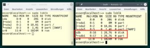 Abbildung 2: Nach dem Einstecken des USB-Sticks findet Lsblk zusätzliche Gerätedateien – hier <code>/dev/sdb</code> mit der Partition <code>/dev/sdb1</code>.