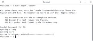 Abbildung 6: Das Ansto&szlig;en eines Updates bei rlxOS mit dem hauseigenen Paketmanager Pkgupd per <span class="ui-element">appctl</span> &auml;hnelt der Aktualisierung bei Debian.