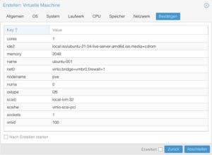 Abbildung 9: Alle Einstellungen zur neuen VM fasst Proxmox in der Übersicht zusammen, bevor es die VM erzeugt.