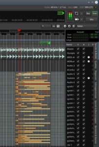 Abbildung 9: Der Test fand in einem 24-Spur-Projekt statt. 20 Spuren waren Stereo, Yoshimi wurde von einer Midi-Spur gespielt. Rechts oben die DSP-Anzeige von 90 Prozent, die die Grenze des Machbaren signalisierte.
