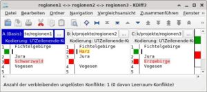Abbildung 1: Die farbige Anzeige der Unterschiede in Kdiff3 erleichtert es, die Änderungen zu erfassen.