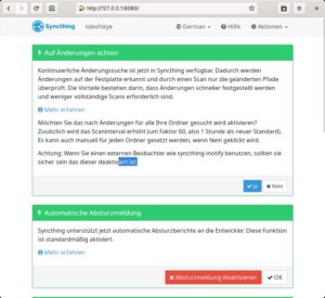 Abbildung 1: Beim ersten Start sollten Sie darauf achten, dass Syncthing die eingebundenen Ordner automatisch auf &Auml;nderungen &uuml;berwacht.