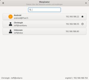 Abbildung 1: Warpinator listet automatisch alle im lokalen Netzwerk aktiven Instanzen des Programms im Anwendungsfenster auf.