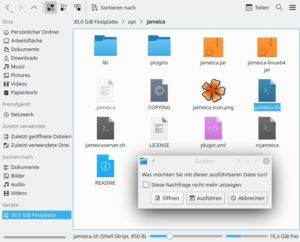 Abbildung 2: Ein Klick auf <code>jameica.sh</code> im entpackten ZIP-Archiv startet Jameica, wenn Sie im KDE-Dateimanager Dolphin <span class="ui-element">Ausführen</span> wählen. Für einen Startmenüeintrag legen Sie (wie im Text beschrieben) eine simple Textdatei unter <code>~/.local/share/applications/</code> an.