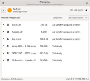 Abbildung 2: Die von Warpinator gepflegte Historie zu jedem Client informiert &uuml;ber den Status der einzelnen Datei- und Ordnertransfers.