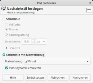 Abbildung 3: Einen Pfad nachzuziehen bedeutet, dass Sie ihn mit einem zus&auml;tzlichen Strich nachzeichnen. Dabei d&uuml;rfen Sie eine farbige Strichlinie, ein Muster oder ein Malwerkzeug verwenden.