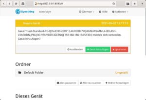 Abbildung 3: Beim Einbinden eines neuen Ger&auml;ts in das eigene Syncthing-Netz m&uuml;ssen Sie die Verkn&uuml;pfung explizit best&auml;tigen.