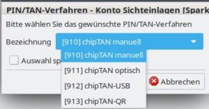 Abbildung 6: Für einen ersten Test sollten Sie das praktisch immer funktionierende manuelle chipTAN nutzen. Sofern der Kartenleser es unterstützt, wechseln Sie später zu chipTAN USB. <span class="ui-element">Auswahl speichern</span> unterdrückt die Nachfrage beim nächsten Mal.