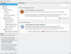 Abbildung 7: Nach Installation des Hibiscus-Plugins leitet der (in der KDE-Standardoptik unglücklicherweise unlesbare) Button <span class="ui-element">Bankzugang einrichten</span> (der linke in der oberen Meldung) zum nächsten Einrichtungsschritt weiter.