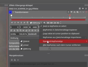 Abbildung 7: Das Hamburger-Men&uuml; (hier rechts von <span class="ui-element">Gl&auml;ttung</span>) stellt wichtige Funktionen zur Arbeit mit den Keyframes bereit.