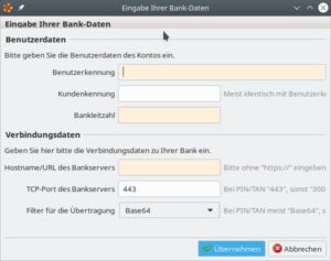 Abbildung 8: Die meisten Benutzer müssen Hibiscus zum Einrichten des Bankzugangs nur die Benutzerkennung (<span class="ui-element">Kundenkennung</span>) und die Bankleitzahl mitteilen. Die <span class="ui-element">URL des Bankservers</span> ermittelt das Programm dann selbstständig.