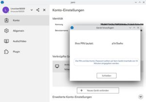 Abbildung 1: Mit der PIN verbinden Sie weitere Ger&auml;te mit Ihrer Jami-ID. Der Schwarm sorgt dann f&uuml;r den Abgleich aller Nachrichten &uuml;ber das P2P-Netzwerk.