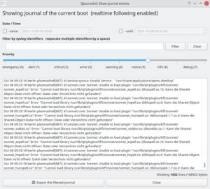Abbildung 1: Der häufigste Anwendungsfall ist die Ansicht des Log für den aktuellen Boot-Vorgang, also der derzeitigen aktiven Sitzung. Dabei arbeitet QJournalctl immer im Realtime-Modus und zeigt zur Laufzeit hereinkommende Protokollnachrichten direkt an.