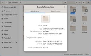Abbildung 2: Wie sich unschwer erkennen l&auml;sst, weicht der Dateibaum von Fedora Silverblue an einigen Stellen vom FHS ab, etwa beim Home-Ordner, einem Symlink auf <code>/var/home/</code>.