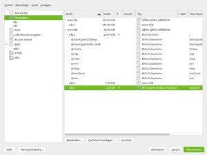 Abbildung 4: Ein System mit Bcache-beschleunigtem Home benötigt vier Partitionen: die die ganze Festplatte füllende Home-Partition (<code>sda1</code>), auf der SSD die Btrfs-Systempartition <code>sdb1</code>, den Cache <code>sdb2</code> und auf dem UEFI-System noch eine winzige EFI-Systempartition (<code>sdb3</code>).