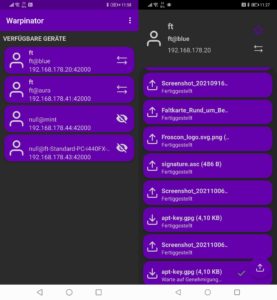 Abbildung 1: Warpinator auf einem Android-Smartphone: Links die verfügbaren Geräte, rechts die Auflistung abgeschlossener Übertragungen an einen PC. Der unterste Eintrag wartet noch auf einen Klick auf den grünen Haken zur Genehmigung.
