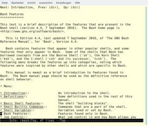 Abbildung 3: F&uuml;r die Linux-Shell Bash gibt es nicht nur eine Manpage, sondern auch ein per Links (unterstrichener Text unten) durchbl&auml;tterbares Info-Handbuch.