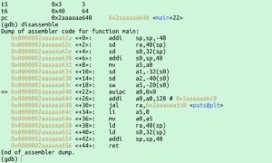 Abbildung 5: Ein kleines "Hello, RISC-V", in GDB disassembliert.