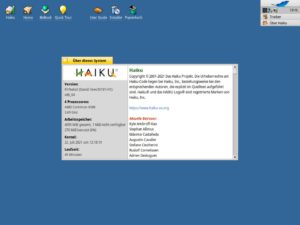 Abbildung 2: Ein Klick auf die Feder gefolgt von <span class="ui-element">Über Haiku</span> liefert einige Informationen über die verwendete Hard- und Software.