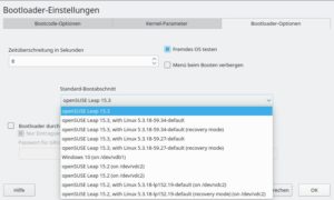 Abbildung 2: Das YaST-Modul <span class="ui-element">Bootloader</span> findet bei aktivierter Option <span class="ui-element">Fremdes OS testen</span> alle auf dem Rechner installierten Betriebssysteme. Das Festlegen des nach Ablauf der <span class="ui-element">Zeitüberschreitung</span> automatisch startenden Standardeintrags gelingt selbst Anwendern, die sich mit dem Editieren einer Konfigurationsdatei schwertun.