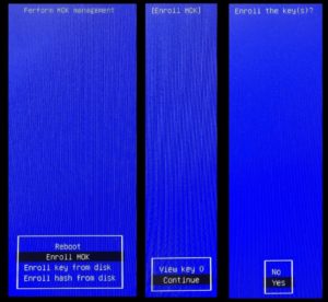 Abbildung 4: Im Anschluss an die Nachinstallation des proprietären Nvidia-Treibers erscheint beim Neustart von Secure-Boot-OpenSuse-Systemen ein – wenngleich nicht der gefürchtete – Blue Screen, der Sie auffordert, einen bei der Treiberinstallation automatisch erzeugten Schlüssel zu registrieren und so den Treiber zu signieren.