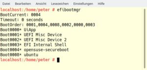 Abbildung 5: Die Bootreihenfolge eines standardkonform umgesetzten UEFIs lässt sich mit dem Kommandozeilenwerkzeug Efibootmgr leichter festlegen als in den Untiefen des bei jedem Motherboard anders gestalteten UEFI-Setups.