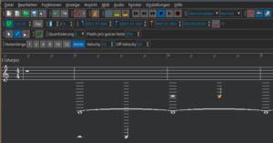 Abbildung 8: Ein Part f&uuml;r einen monophonen Synthesizer im Score-Editor. Klassische Techniken wie Legato lassen sich hiermit deutlich einfacher umsetzen als in der einfachen Balkenmatrix.