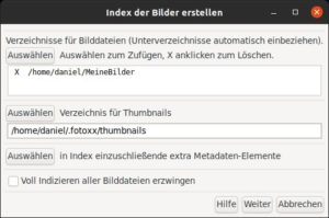 Abbildung 1: Nach dem ersten Start fragt Fotoxx nach dem Verzeichnis für Bilddateien. Außerdem indiziert das Programm die Fotos und erstellt Thumbnails.