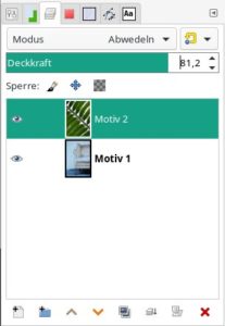 Abbildung 2: Sie legen den Ebenenmodus für das oberste Bildmotiv unter <span class="ui-element">Modus</span> im Ebenendialog fest. Am unteren Rand sehen Sie die verfügbaren Schaltflächen für die verschiedenen Aktionen im Ebenenstapel.