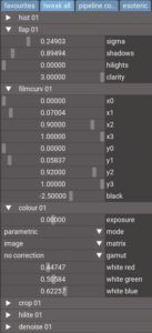 Abbildung 3: Die wichtigsten Module zum Einstellen von Kontrast, Helligkeit und Farbe sind <span class="ui-element">colour</span>, <span class="ui-element">filmcurv</span> und <span class="ui-element">llap</span>.