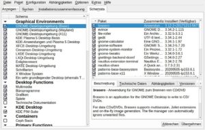 Abbildung 5: Im Reiter <span class="ui-element">Schemata</span> (Dropdown <span class="ui-element">Anzeigen</span>) finden Sie Gruppen, die die Pakete der verfügbaren Desktops bündeln. Der <span class="ui-element">Allgemeine Desktop</span> (IceWM) heißt hier <span class="ui-element">Ein sehr grundlegender Desktop</span>.