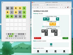 Abbildung 1: Der Wordle-Clone Warble unter Linux. Seiten wie The Word Finder helfen beim L&ouml;sen der englischsprachigen R&auml;tsel.